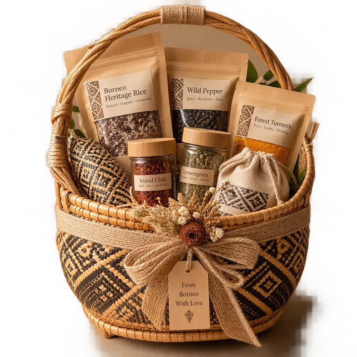 Handwoven rattan gift basket of Bornean produce