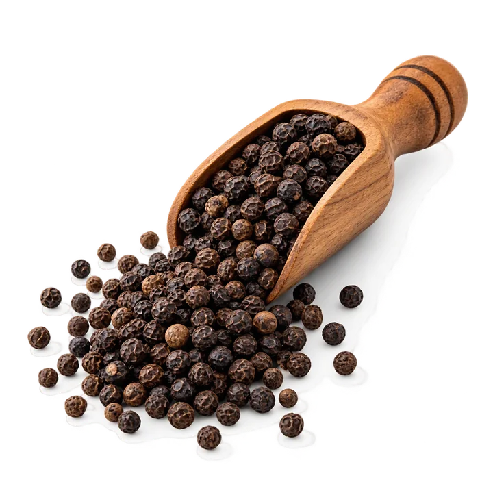 Wooden scoop of black peppercorns
